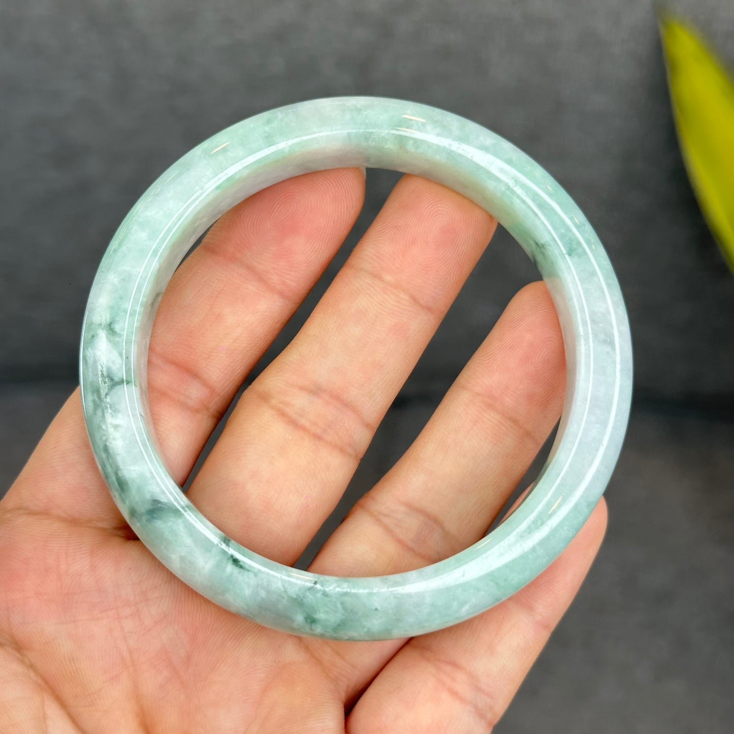 Natural Light Green Jadeite Jade Bangle Leaf Style Size 62 mm