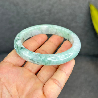 Natural Light Green Jadeite Jade Bangle Leaf Style Size 62 mm