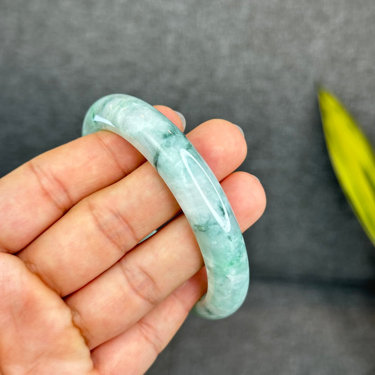 Natural Light Green Jadeite Jade Bangle Leaf Style Size 62 mm