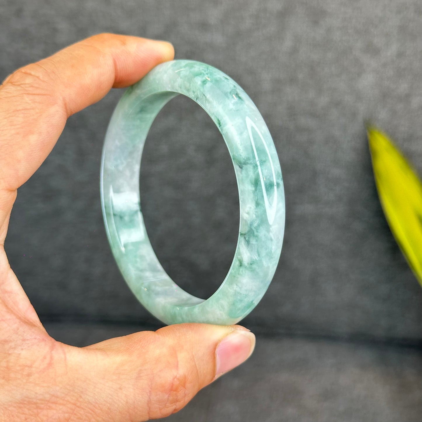 Natural Light Green Jadeite Jade Bangle Leaf Style Size 62 mm