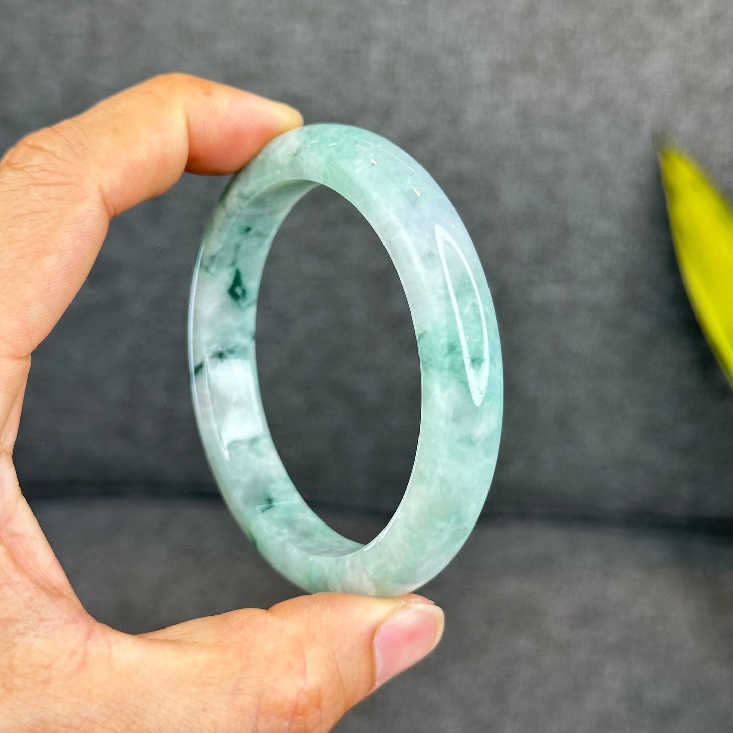 Natural Light Green Jadeite Jade Bangle Leaf Style Size 62 mm