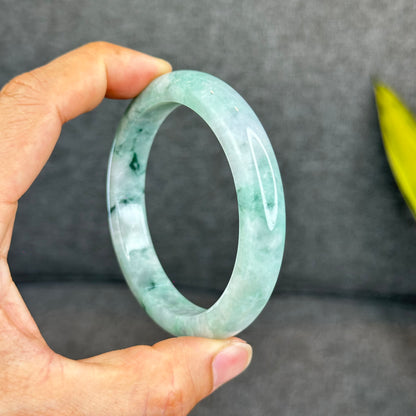 Natural Light Green Jadeite Jade Bangle Leaf Style Size 62 mm