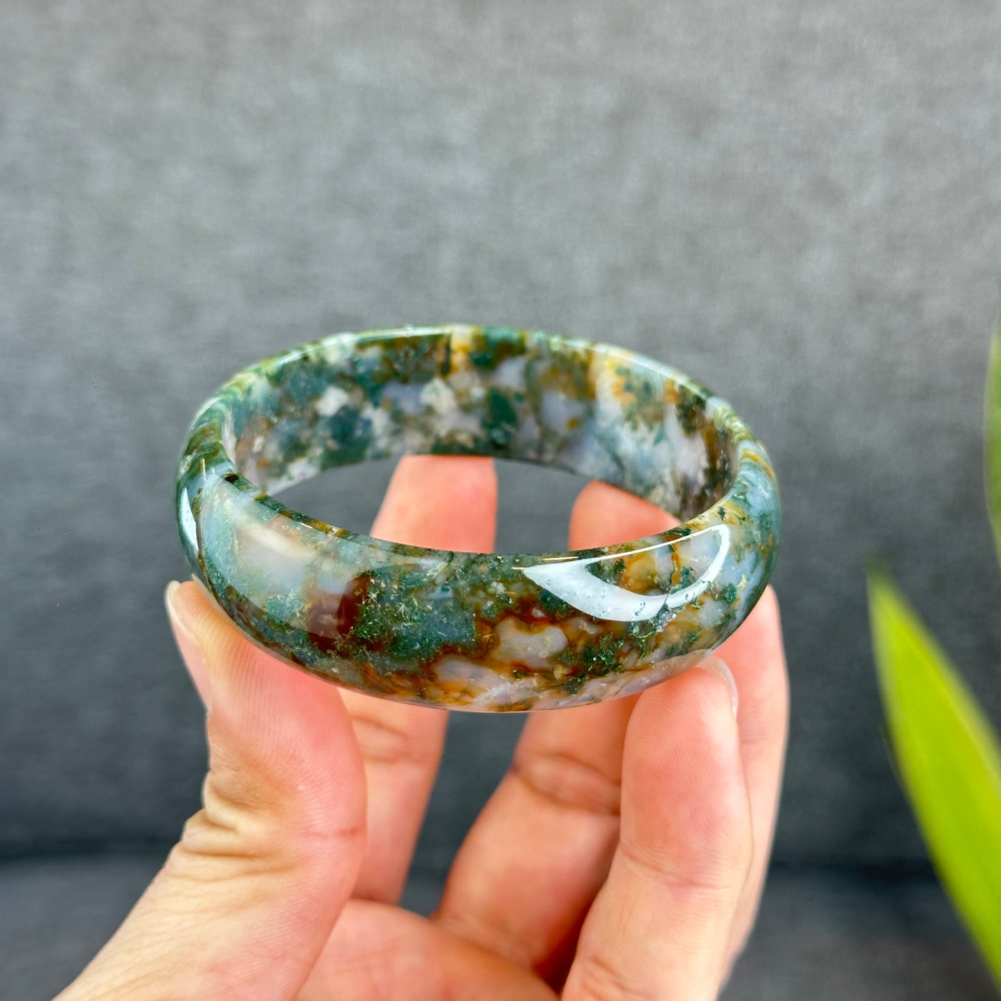 Natural Moss Agate Bangle Leaf Style Size 58 mm