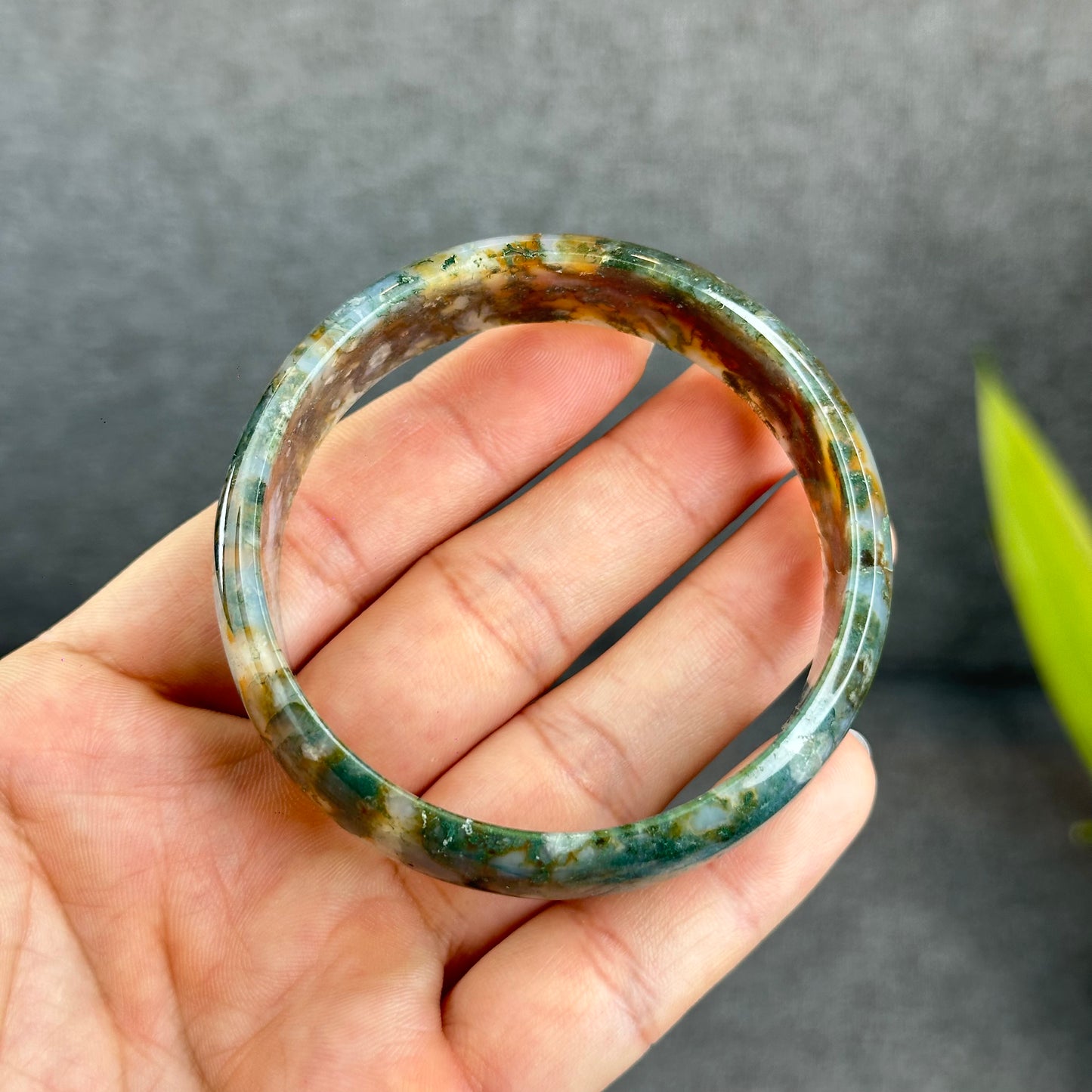 Natural Moss Agate Bangle Leaf Style Size 58 mm