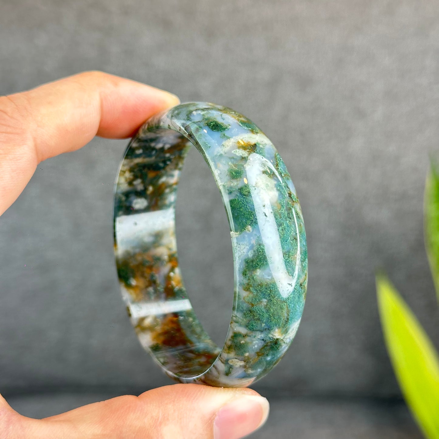 Natural Moss Agate Bangle Leaf Style Size 58 mm