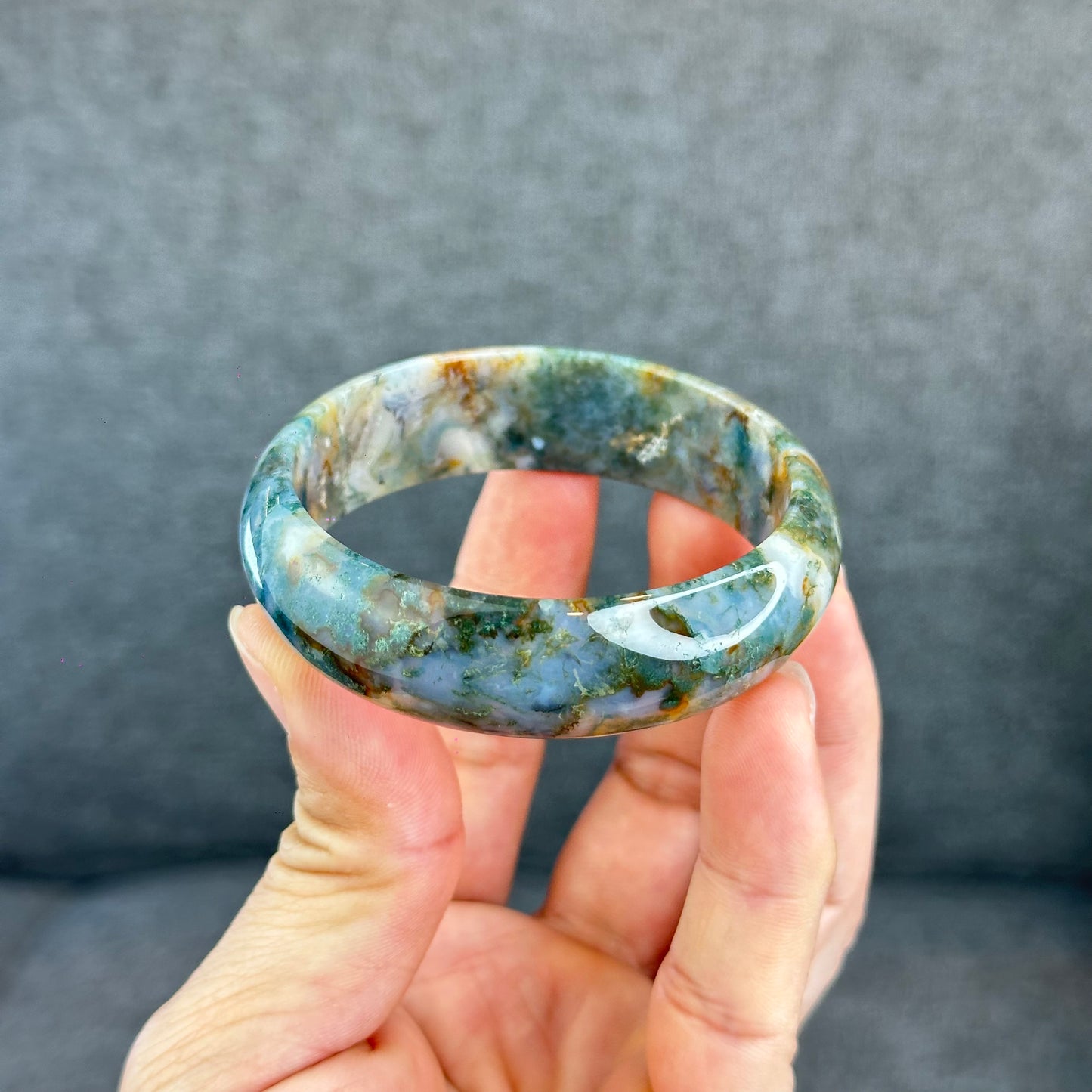 Natural Moss Agate Bangle Leaf Style Size 55 mm