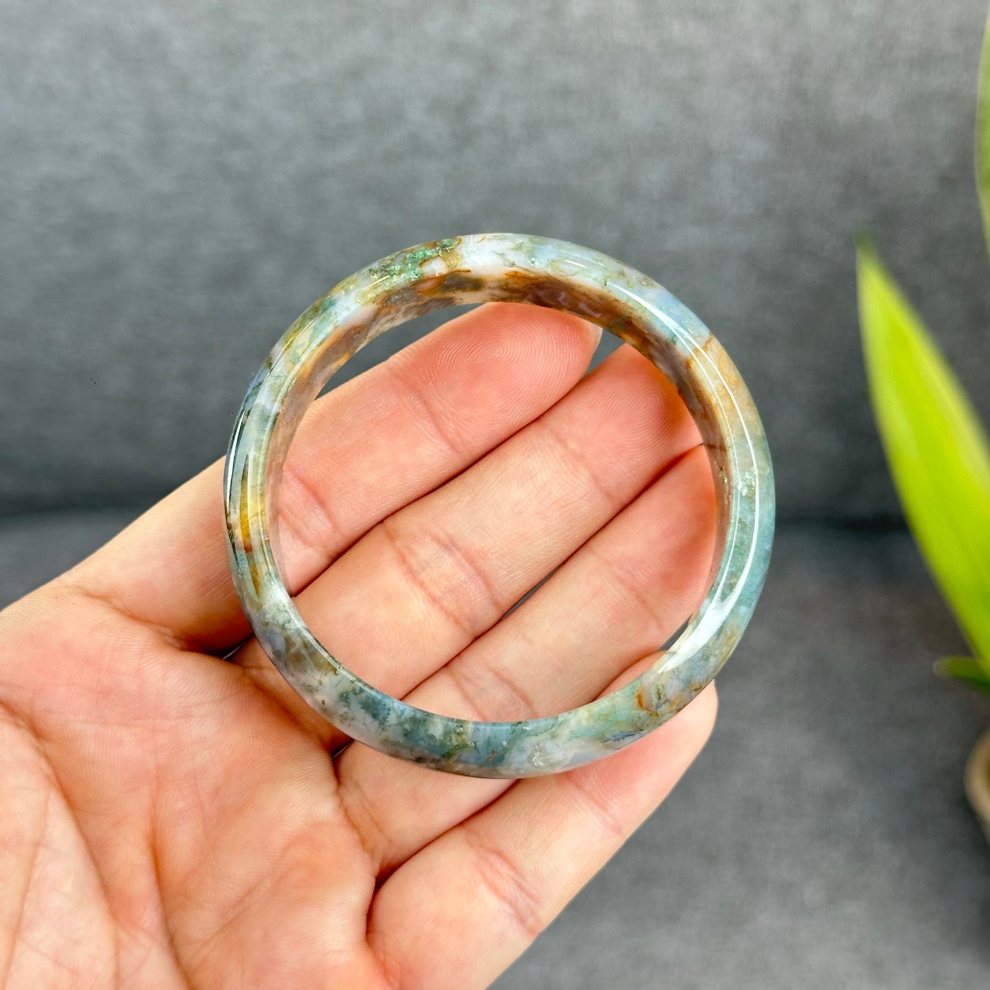 Natural Moss Agate Bangle Leaf Style Size 55 mm
