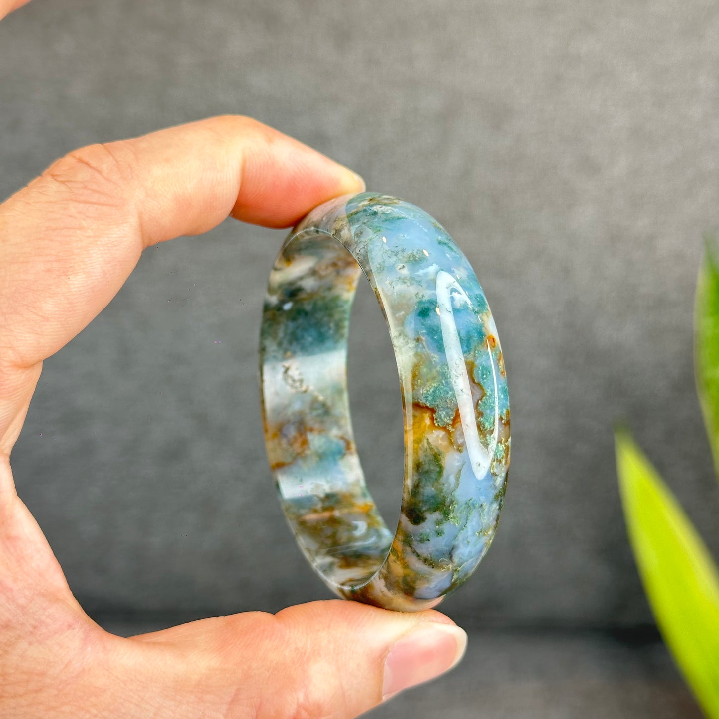 Natural Moss Agate Bangle Leaf Style Size 55 mm