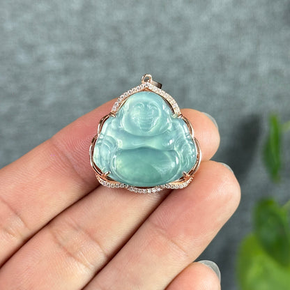 Pendentif en jade jadéite Happy Buddha vert d'eau clair dans un cadre plaqué or rose argent avec sertissage en pierre blanche