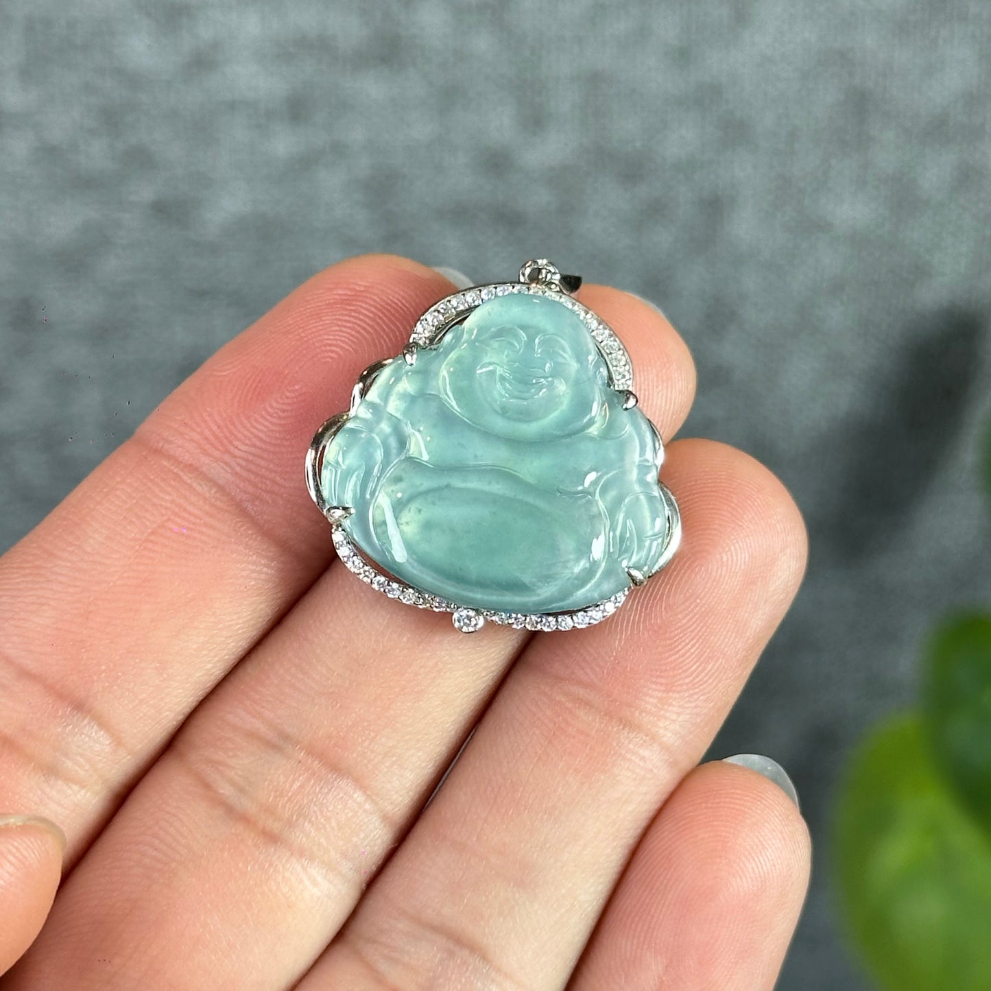 Light Water Green Happy Buddha Natural Jadeite Jade Pendate in Silver Frame with White Stone Setting