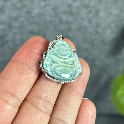 Light Water Green Happy Buddha Natural Jadeite Jade Pendate in Silver Frame with White Stone Setting