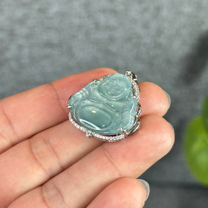 Light Water Green Happy Buddha Natural Jadeite Jade Pendate in Silver Frame with White Stone Setting