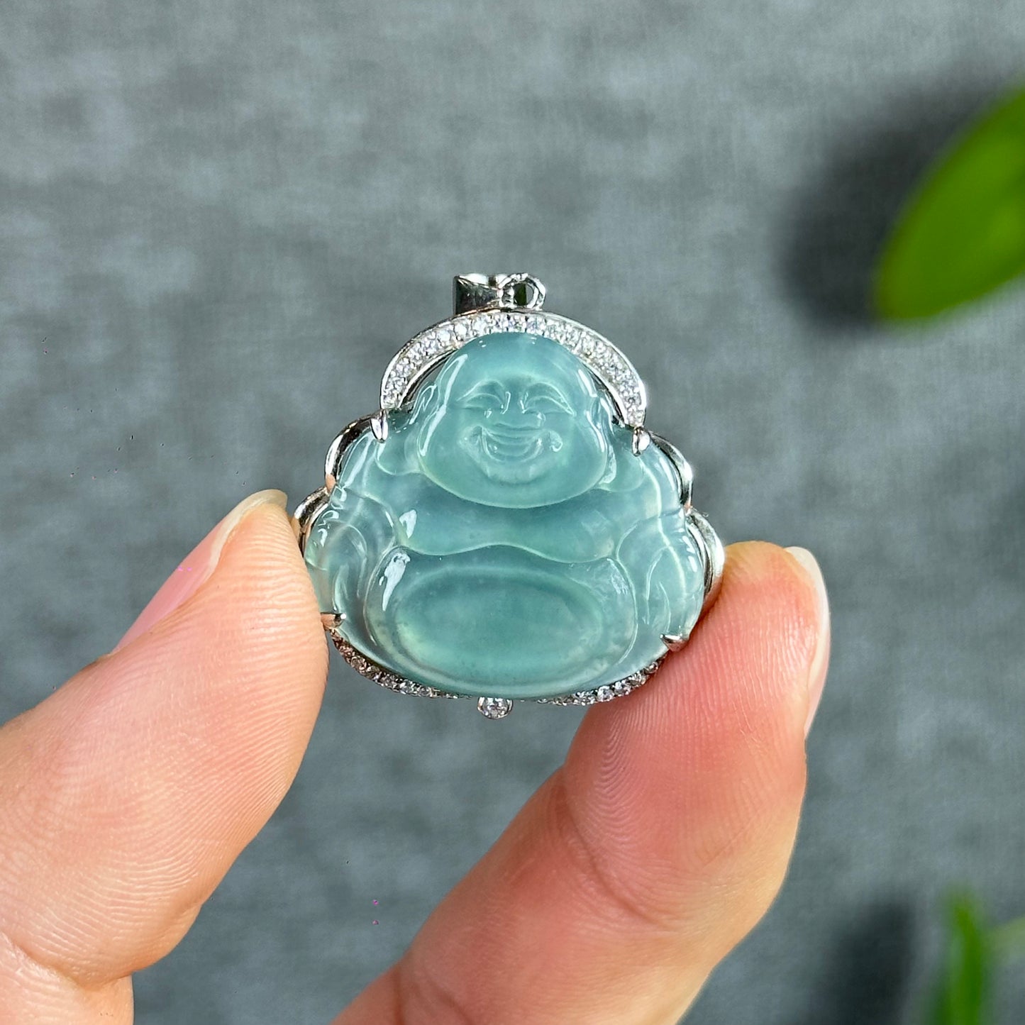 Light Water Green Happy Buddha Natural Jadeite Jade Pendate in Silver Frame with White Stone Setting