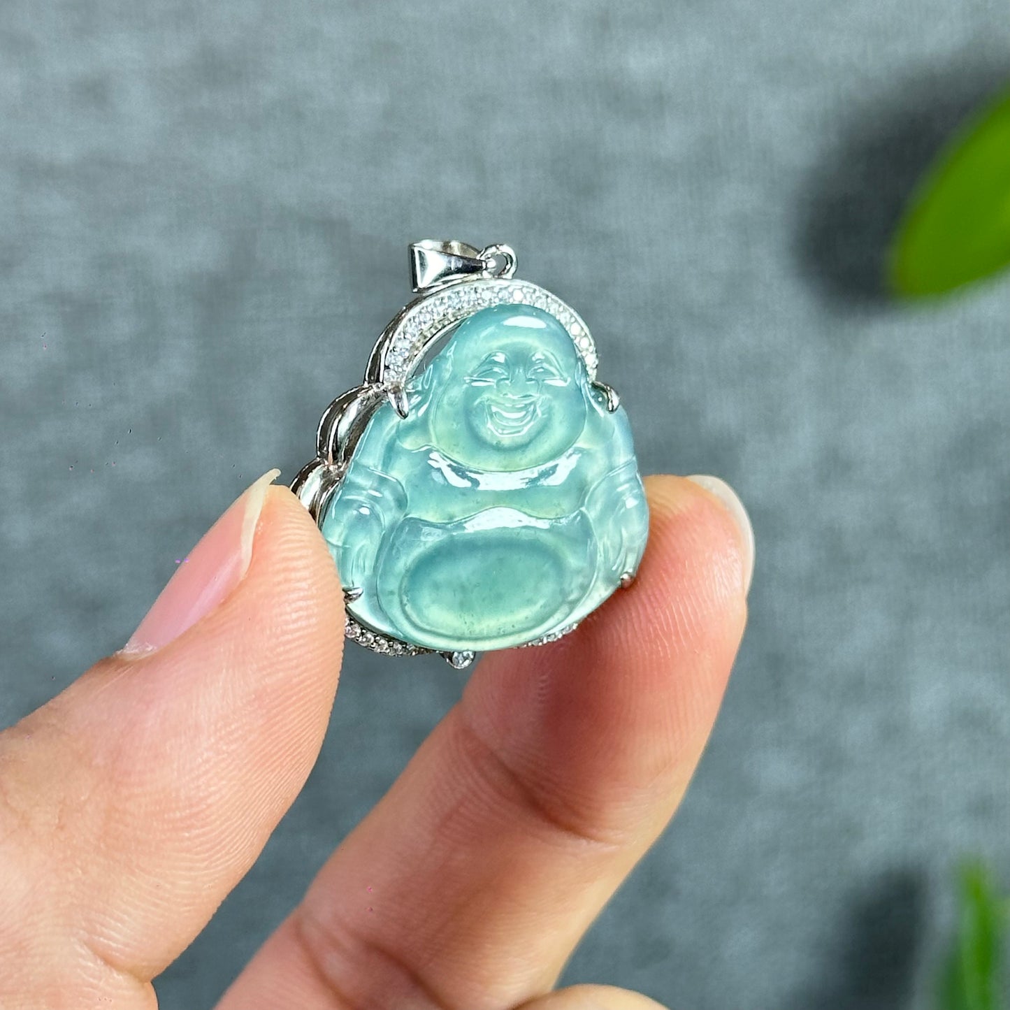 Light Water Green Happy Buddha Natural Jadeite Jade Pendate in Silver Frame with White Stone Setting