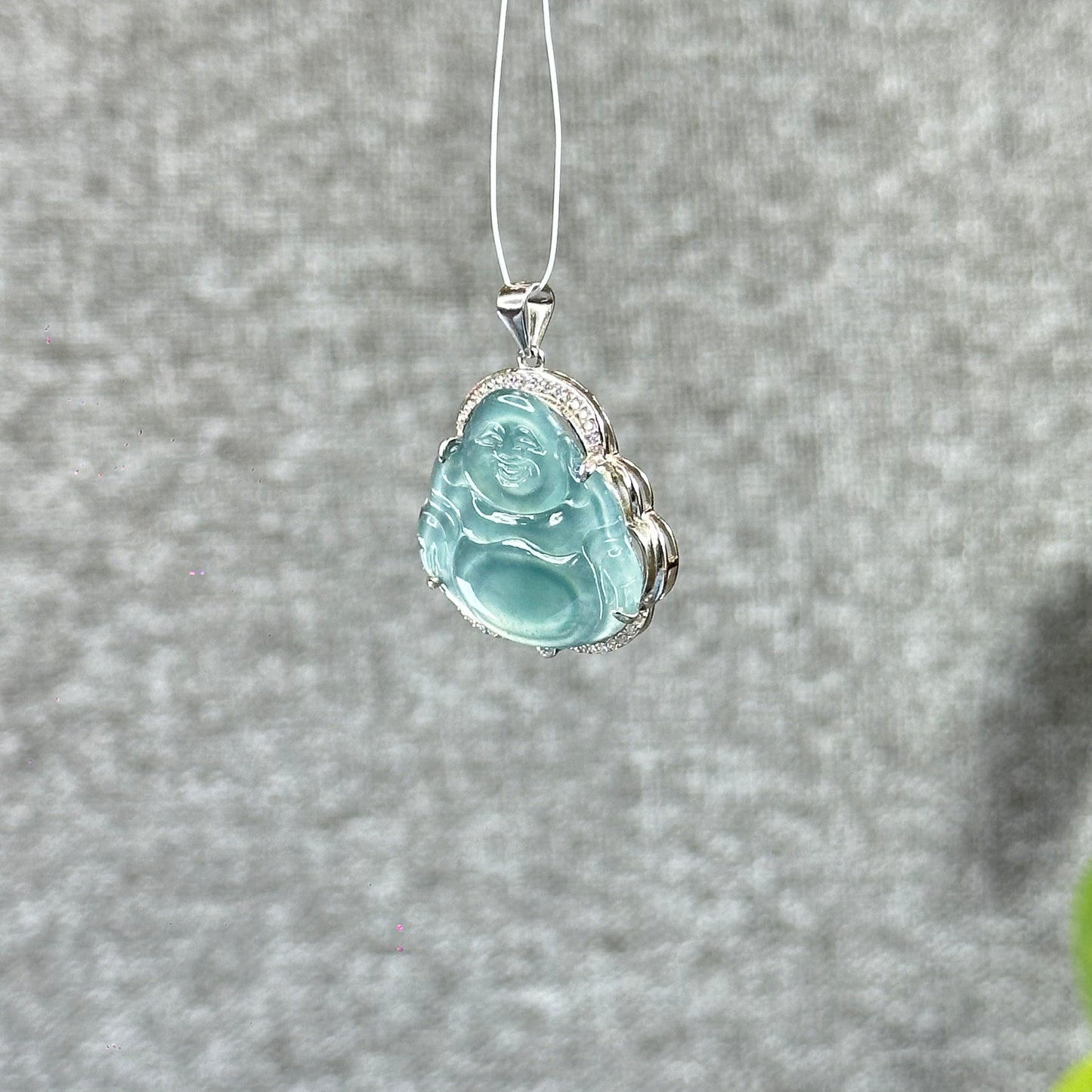 Light Water Green Happy Buddha Natural Jadeite Jade Pendate in Silver Frame with White Stone Setting