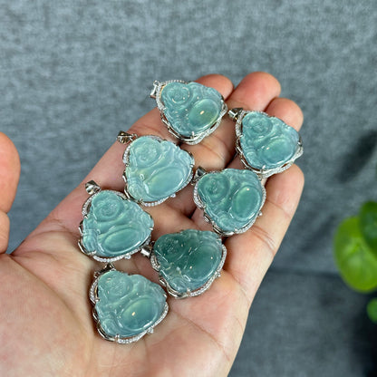 Light Water Green Happy Buddha Natural Jadeite Jade Pendate in Silver Frame with White Stone Setting