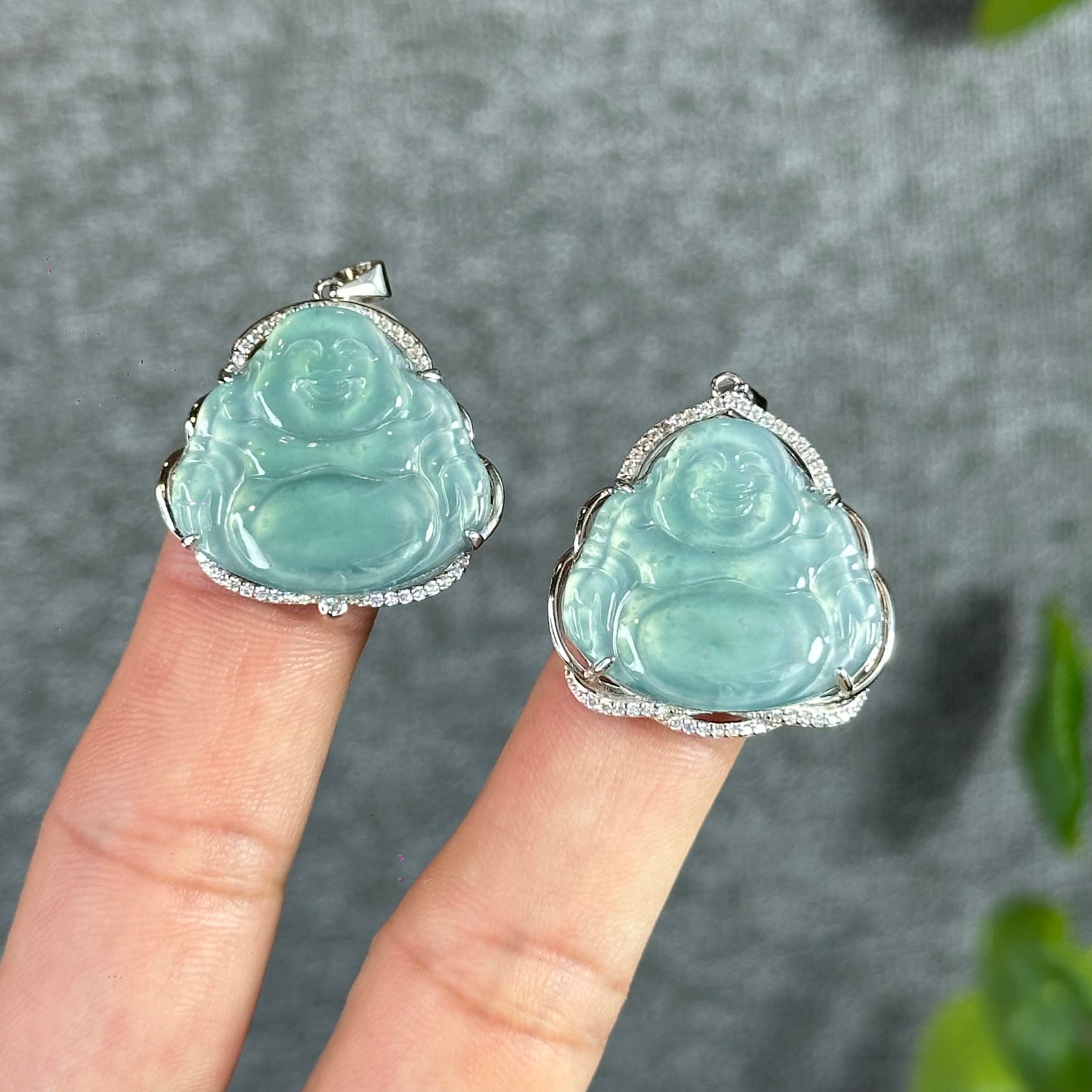 Light Water Green Happy Buddha Natural Jadeite Jade Pendate in Silver Frame with White Stone Setting