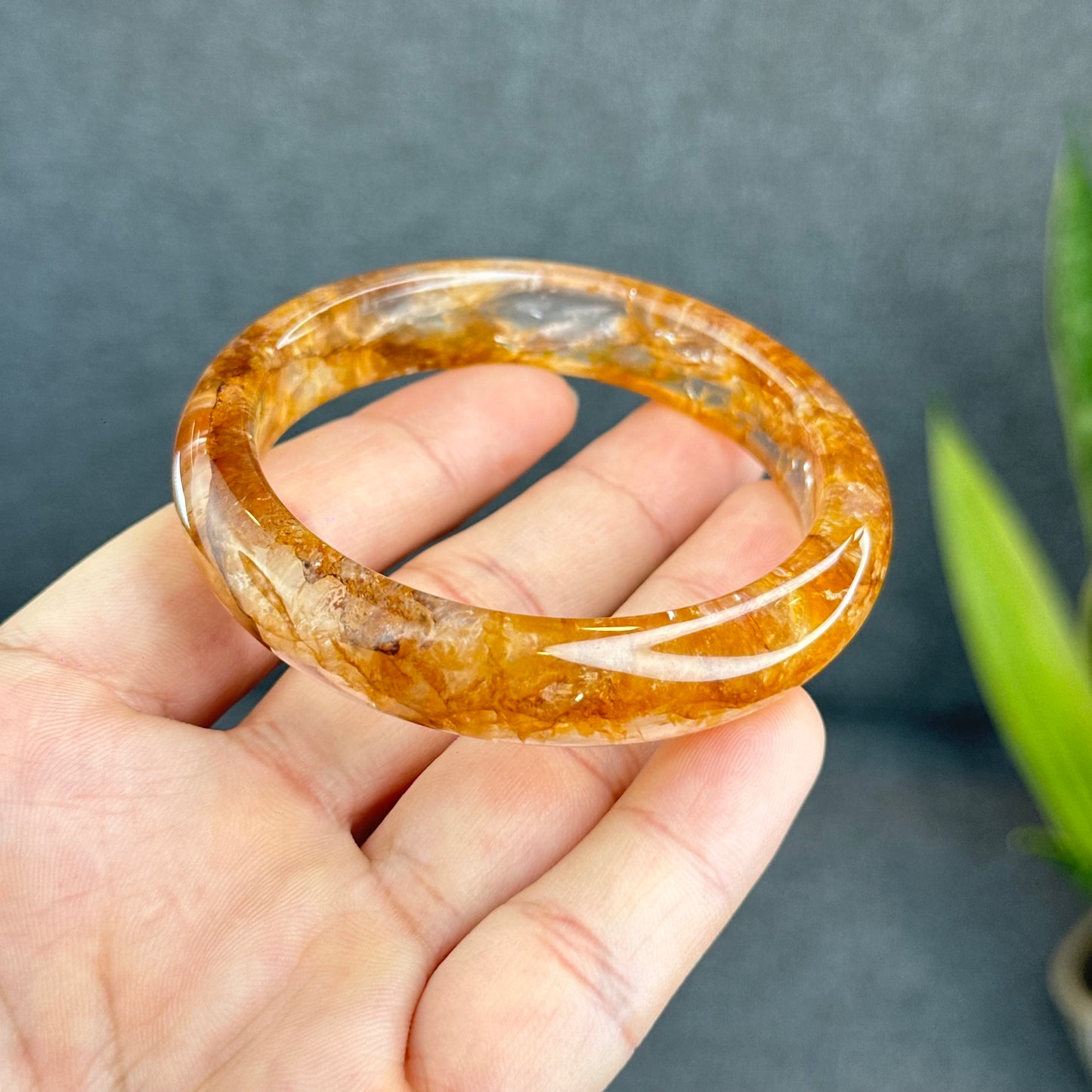 Natural Fire Quartz Golden Healer Bangle Leaf Style Size 57 mm