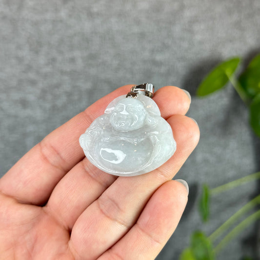 Happy Buddha Sculpture à la main en jadéite blanche ivoire avec pendentif Bouddha en or blanc 10 carats