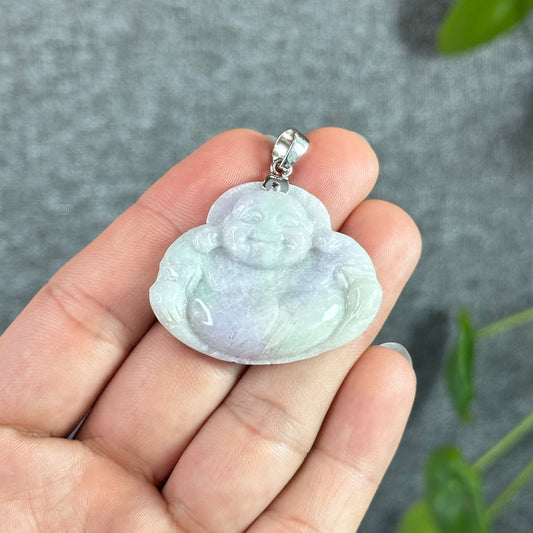 Happy Buddha Hand Carving Natural Lavender Jadeite Jade Buddha Pendant with 10k White  Gold Hook Setting