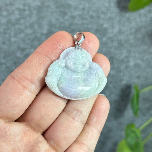 Happy Buddha Hand Carving Natural Lavender Jadeite Jade Buddha Pendant with 10k White  Gold Hook Setting