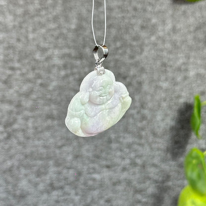 Happy Buddha Hand Carving Natural Lavender Jadeite Jade Buddha Pendant with 10k White  Gold Hook Setting