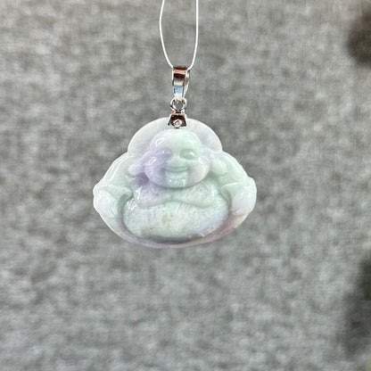 Happy Buddha Hand Carving Natural Lavender Jadeite Jade Buddha Pendant with 10k White  Gold Hook Setting
