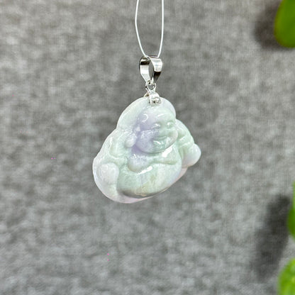 Happy Buddha Hand Carving Natural Lavender Jadeite Jade Buddha Pendant with 10k White  Gold Hook Setting
