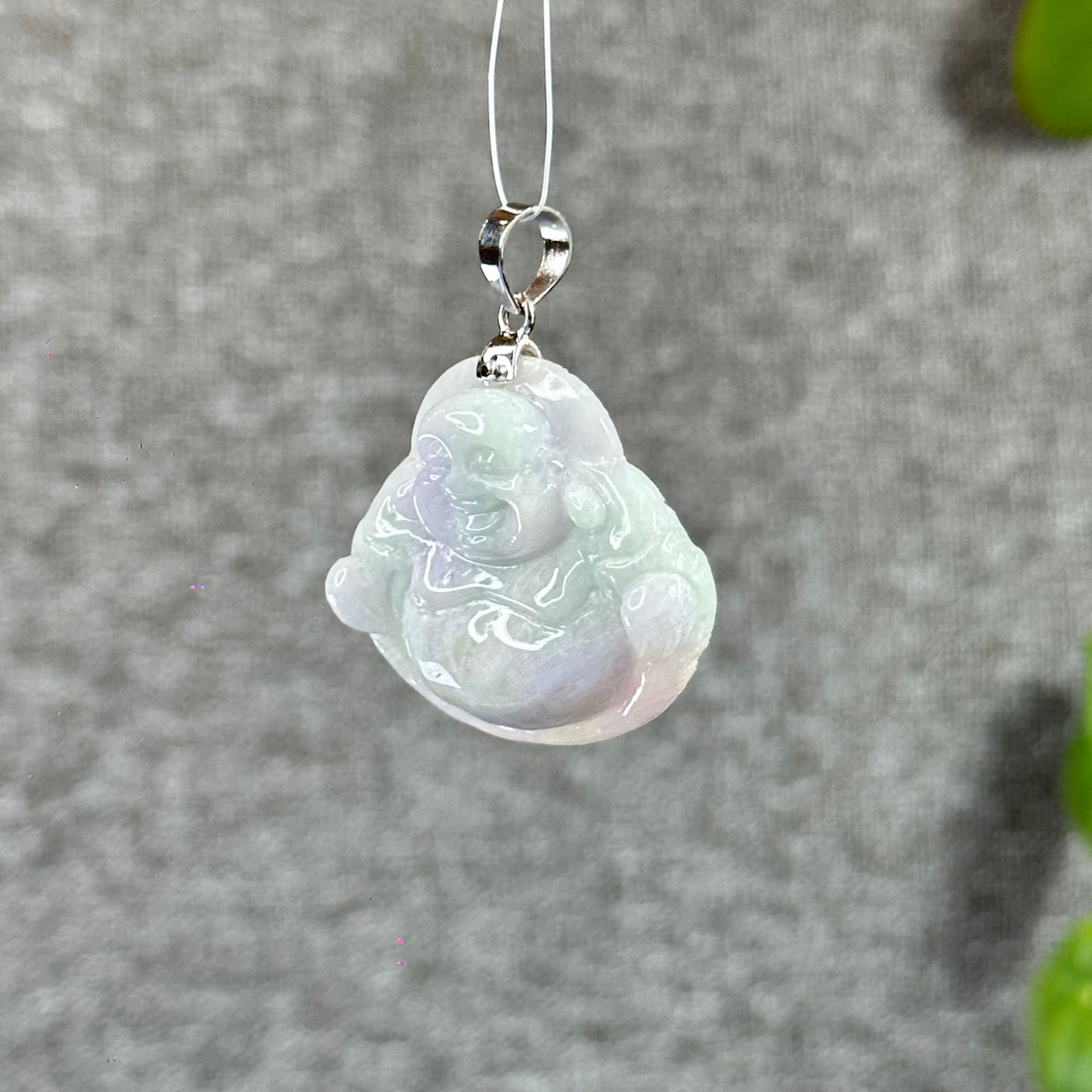 Happy Buddha Hand Carving Natural Lavender Jadeite Jade Buddha Pendant with 10k White  Gold Hook Setting