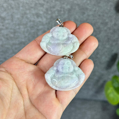 Happy Buddha Hand Carving Natural Lavender Jadeite Jade Buddha Pendant with 10k White  Gold Hook Setting