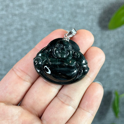 Happy Buddha Hand Carving Natural Black Jadeite Jade Buddha Pendant with 10k White Gold Hook Setting