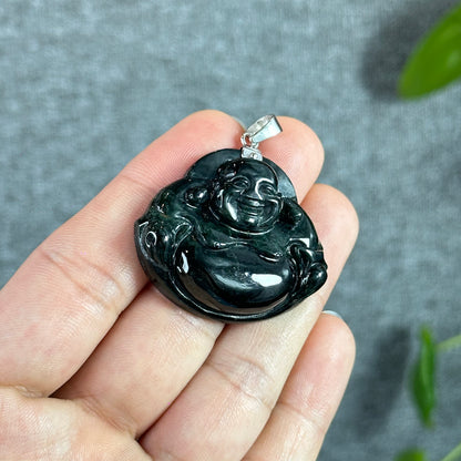 Happy Buddha Hand Carving Natural Black Jadeite Jade Buddha Pendant with 10k White Gold Hook Setting