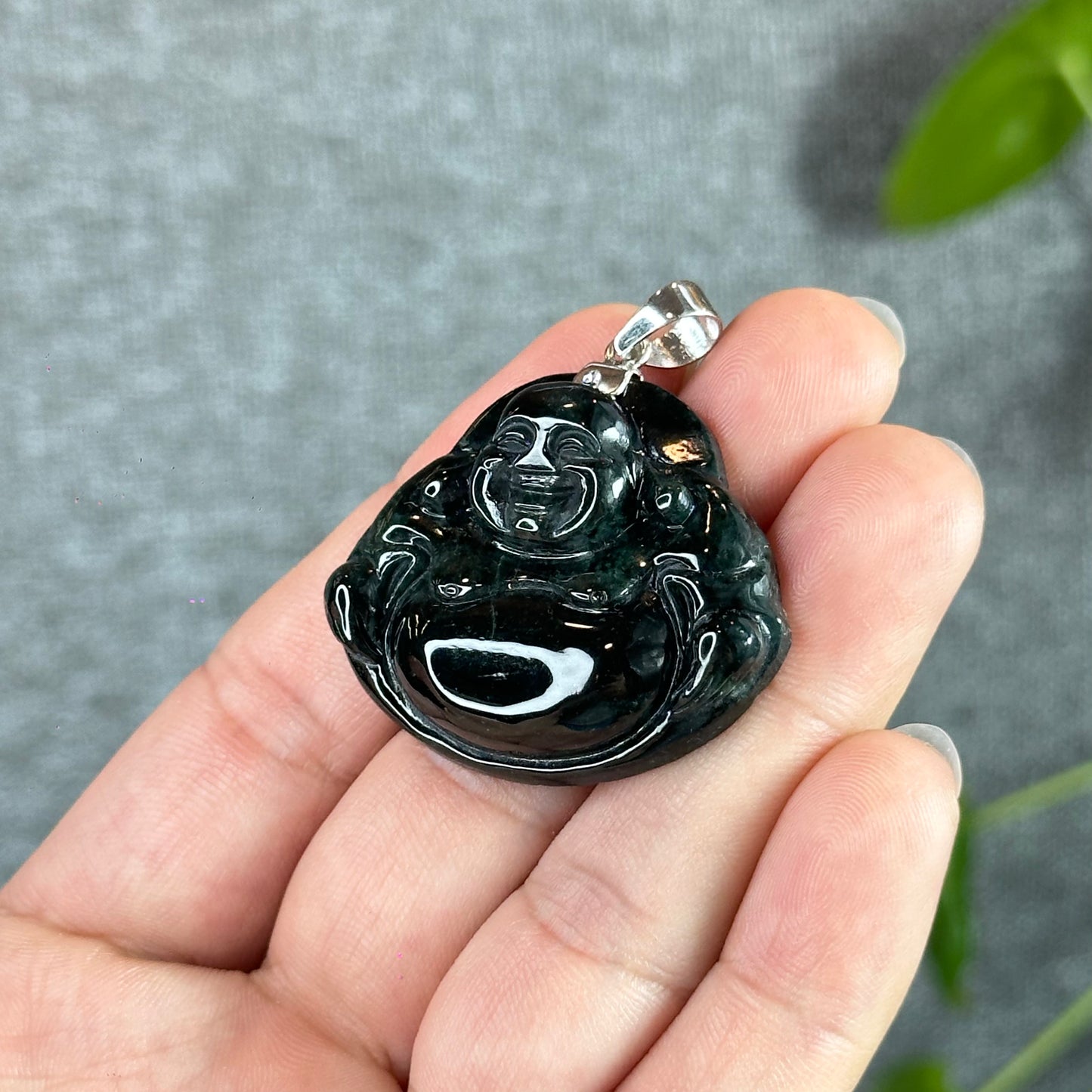 Happy Buddha Hand Carving Natural Black Jadeite Jade Buddha Pendant with 10k White Gold Hook Setting