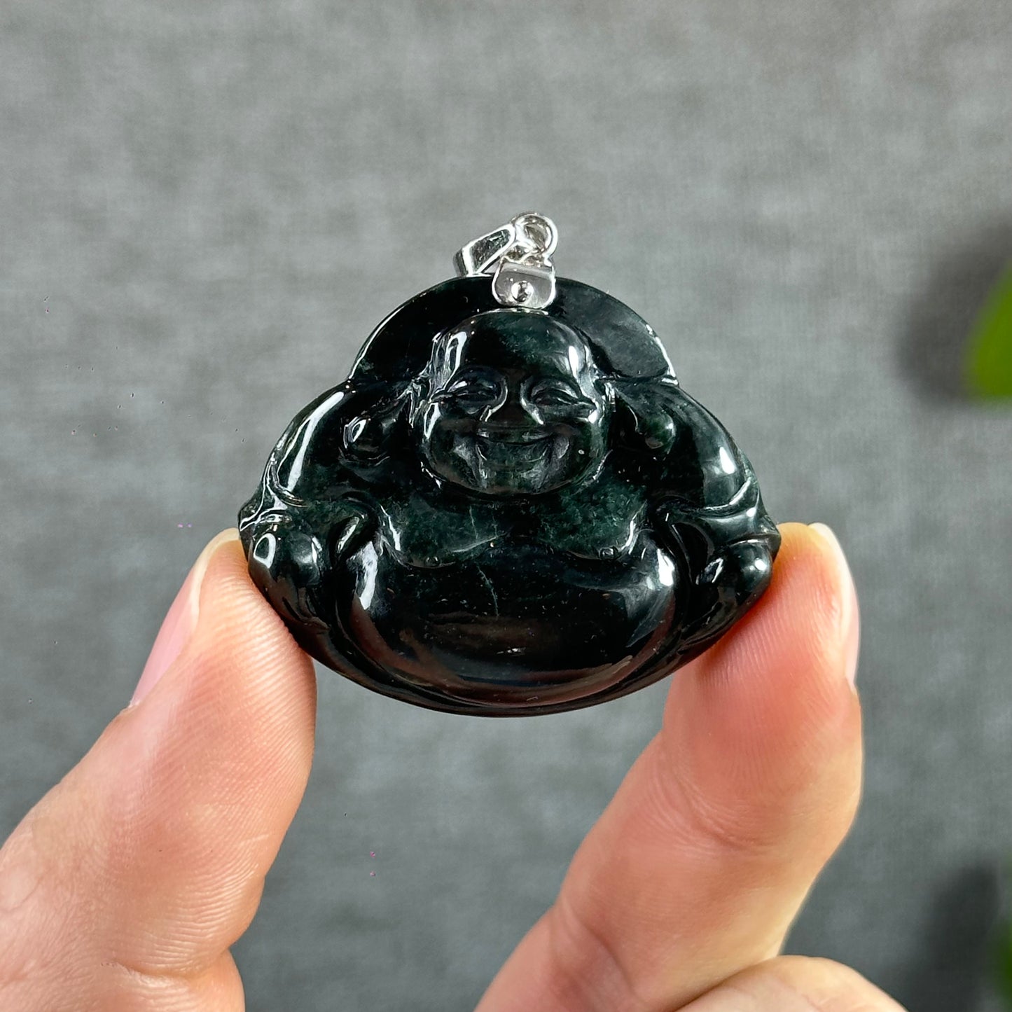 Happy Buddha Hand Carving Natural Black Jadeite Jade Buddha Pendant with 10k White Gold Hook Setting