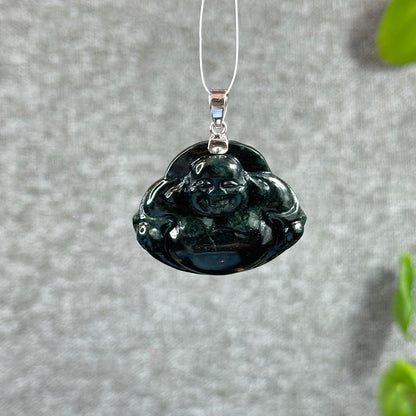 Happy Buddha Hand Carving Natural Black Jadeite Jade Buddha Pendant with 10k White Gold Hook Setting