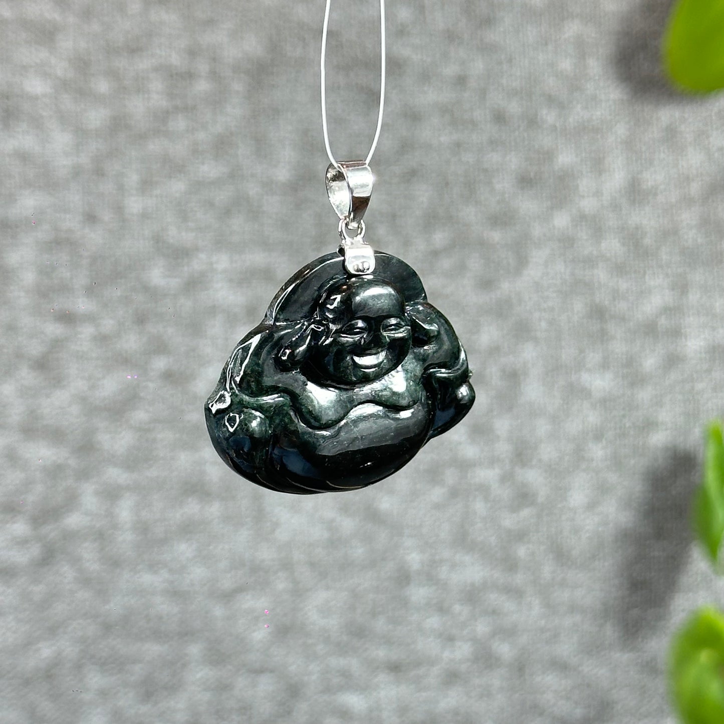 Happy Buddha Hand Carving Natural Black Jadeite Jade Buddha Pendant with 10k White Gold Hook Setting