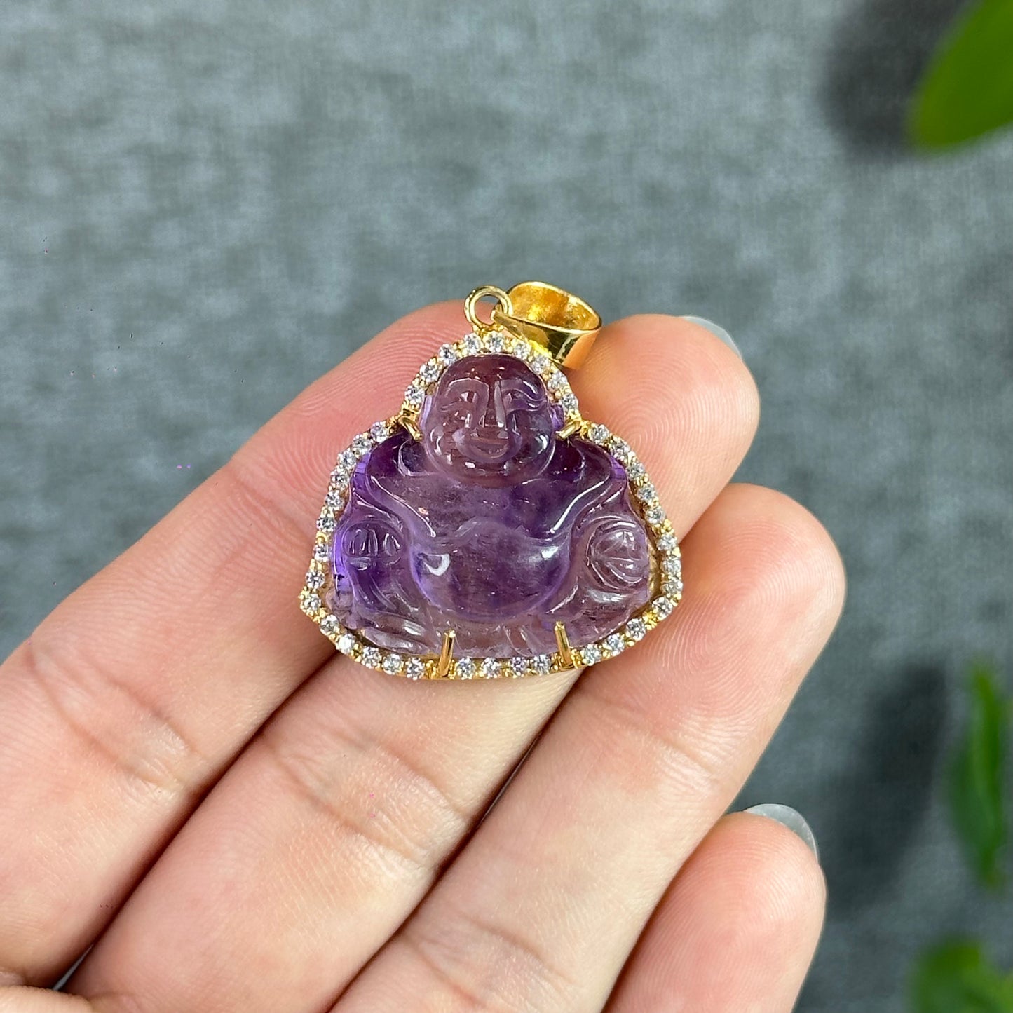 Happy Buddha Natural Amethyst Super 7 Pendant in 10 k Yellow Gold Setting