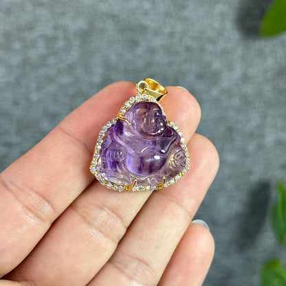 Happy Buddha Natural Amethyst Super 7 Pendant in 10 k Yellow Gold Setting