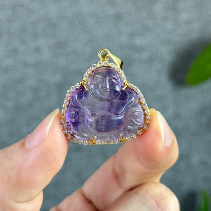 Happy Buddha Natural Amethyst Super 7 Pendant in 10 k Yellow Gold Setting