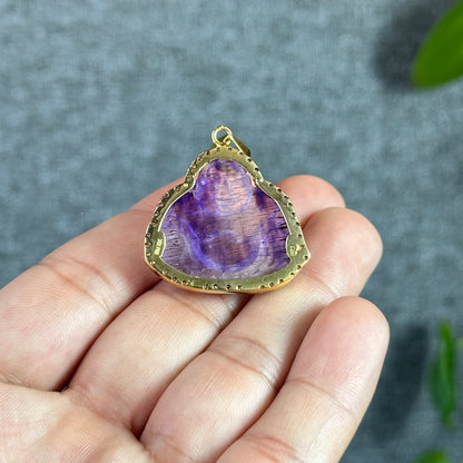 Happy Buddha Natural Amethyst Super 7 Pendant in 10 k Yellow Gold Setting