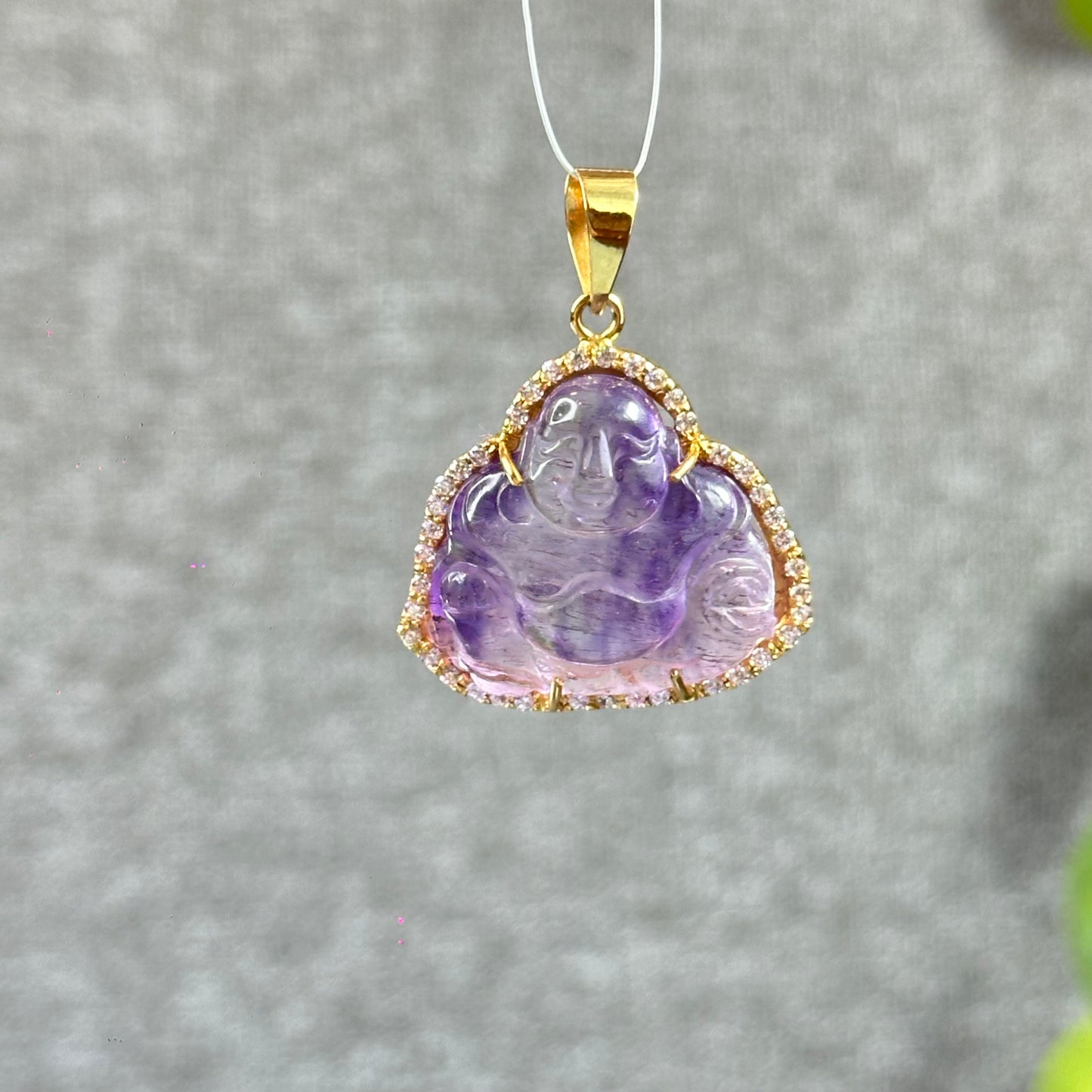 Happy Buddha Natural Amethyst Super 7 Pendant in 10 k Yellow Gold Setting