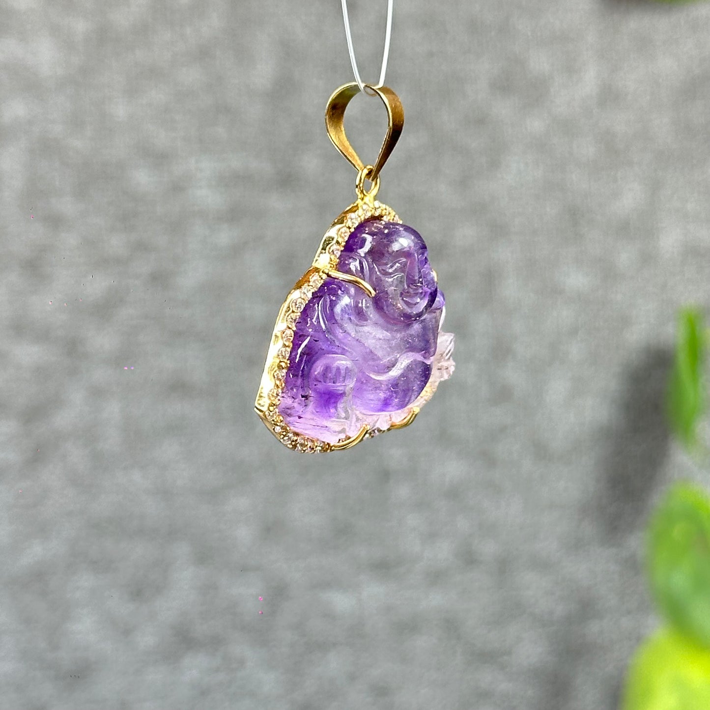 Happy Buddha Natural Amethyst Super 7 Pendant in 10 k Yellow Gold Setting