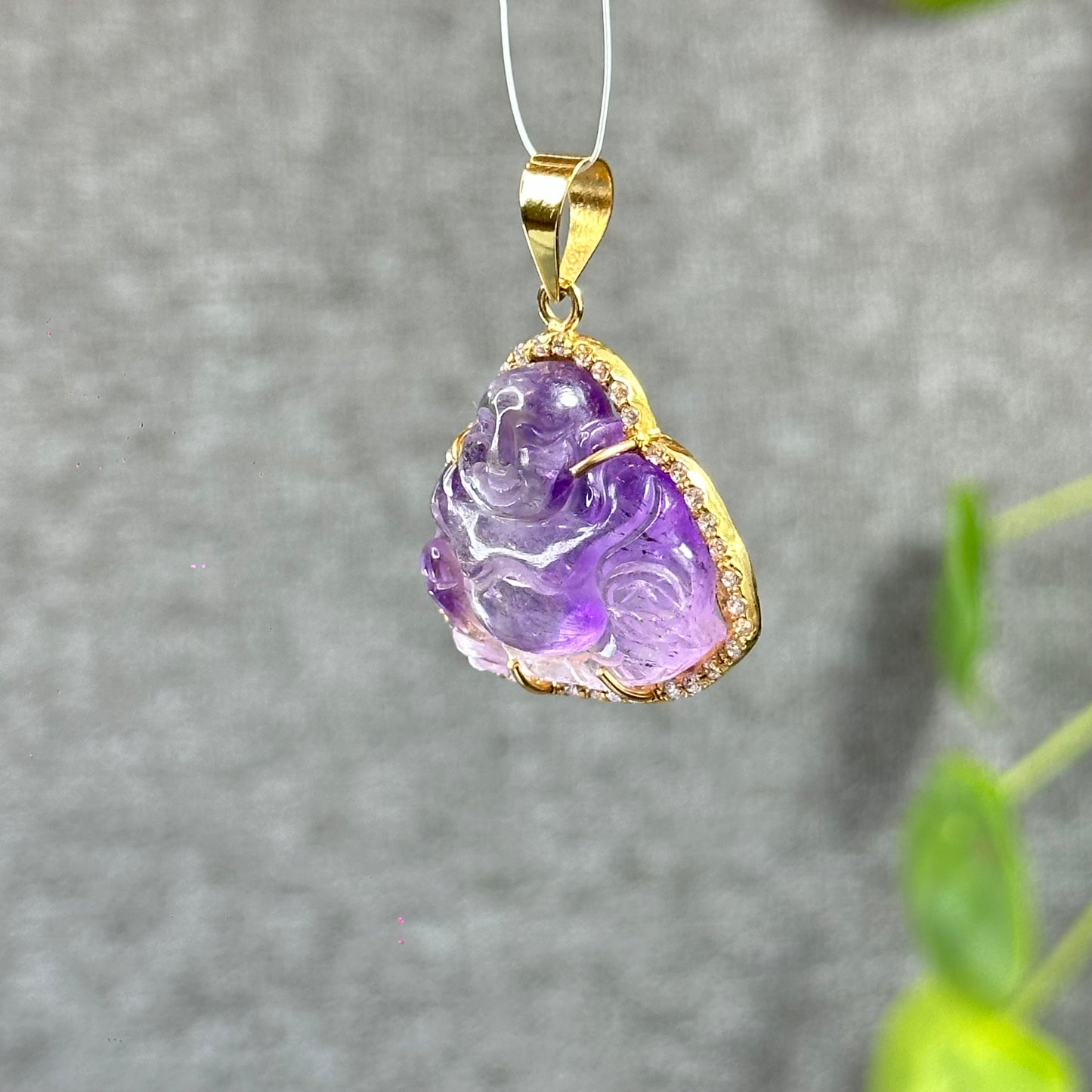 Happy Buddha Natural Amethyst Super 7 Pendant in 10 k Yellow Gold Setting