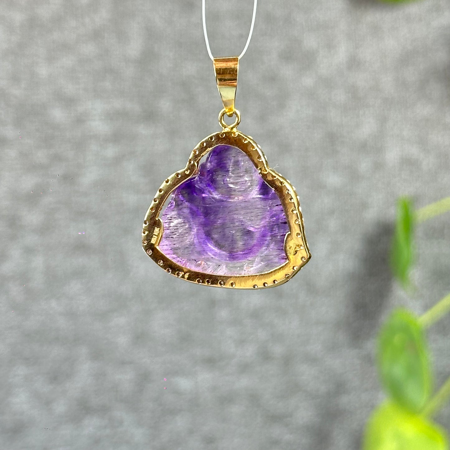 Happy Buddha Natural Amethyst Super 7 Pendant in 10 k Yellow Gold Setting