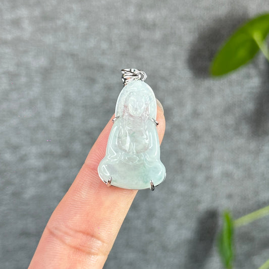 Quan The Am Buddha Icy Translucent Natural Jadeite Jade Pendant with Silver-White Gold Plated Setting