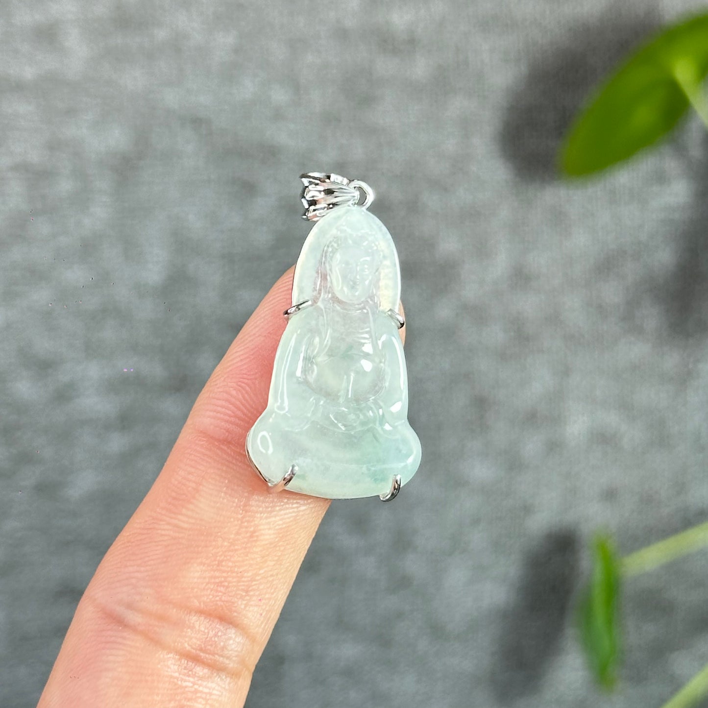 Quan The Am Buddha Icy Translucent Natural Jadeite Jade Pendant with Silver-White Gold Plated Setting