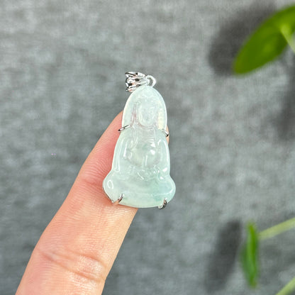 Quan The Am Buddha Icy Translucent Natural Jadeite Jade Pendant with Silver-White Gold Plated Setting