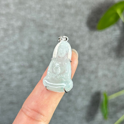 Quan The Am Buddha Icy Translucent Natural Jadeite Jade Pendant with Silver-White Gold Plated Setting