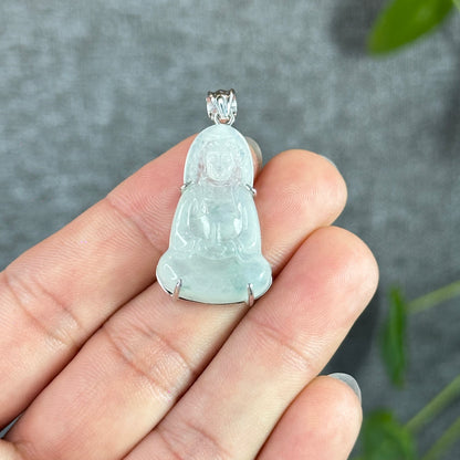 Quan The Am Buddha Icy Translucent Natural Jadeite Jade Pendant with Silver-White Gold Plated Setting