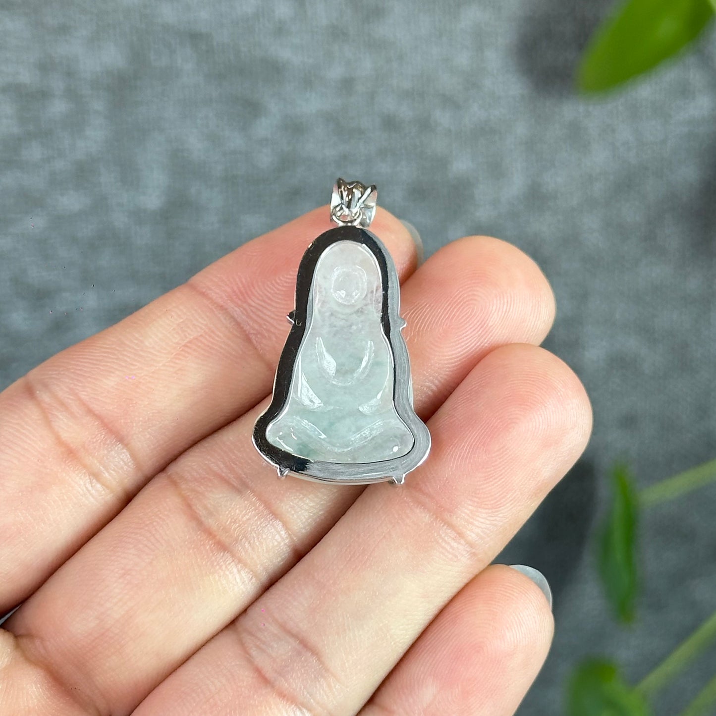 Quan The Am Buddha Icy Translucent Natural Jadeite Jade Pendant with Silver-White Gold Plated Setting